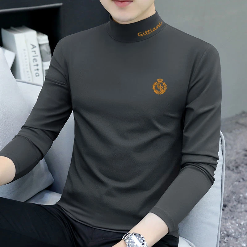 秋冬季男士半高领时尚长袖打底衫秋冬中领T恤休闲印花内搭上衣服