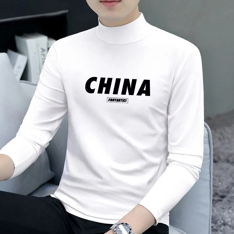 2025秋季新款白色半高领字母百搭上衣中青年打底衫长袖T恤男潮流