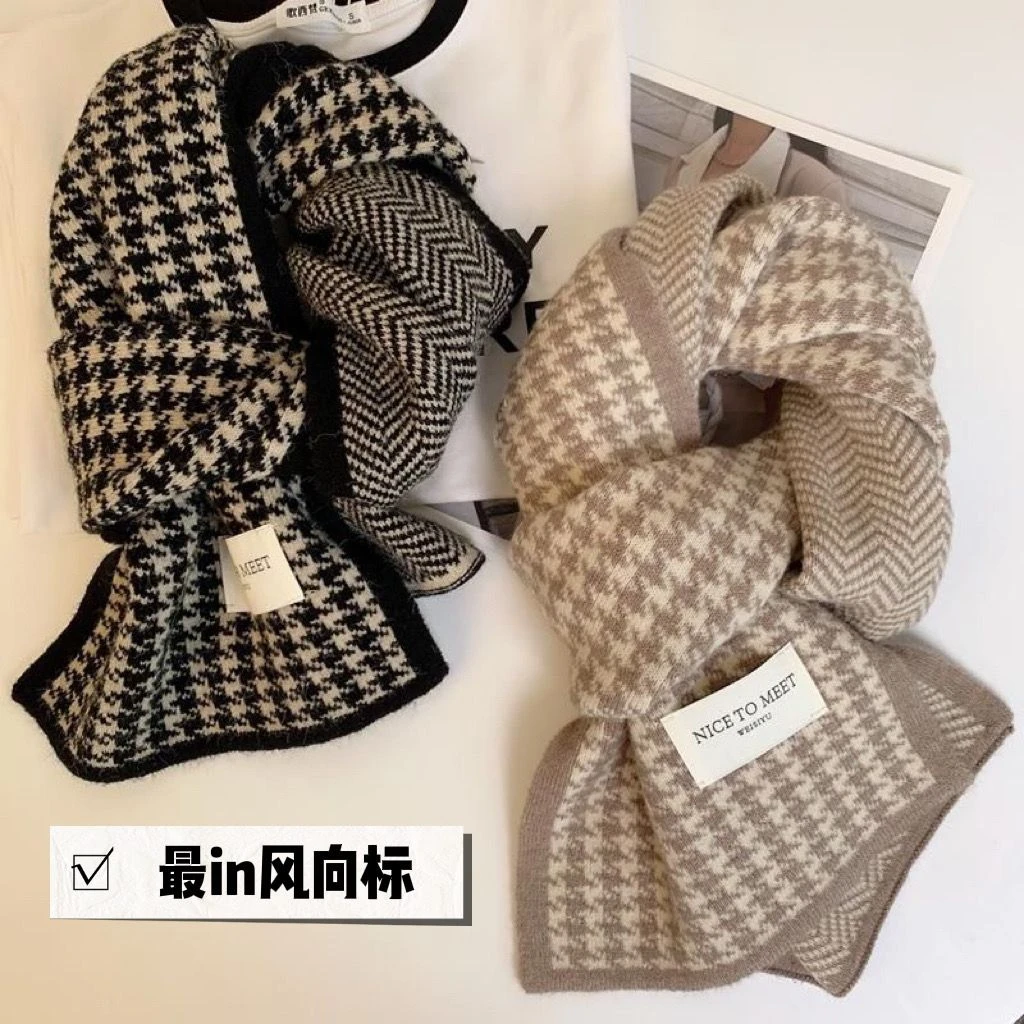 围巾网红秋冬季韩版情侣学生可爱保暖加厚针织围脖千鸟格百搭isn