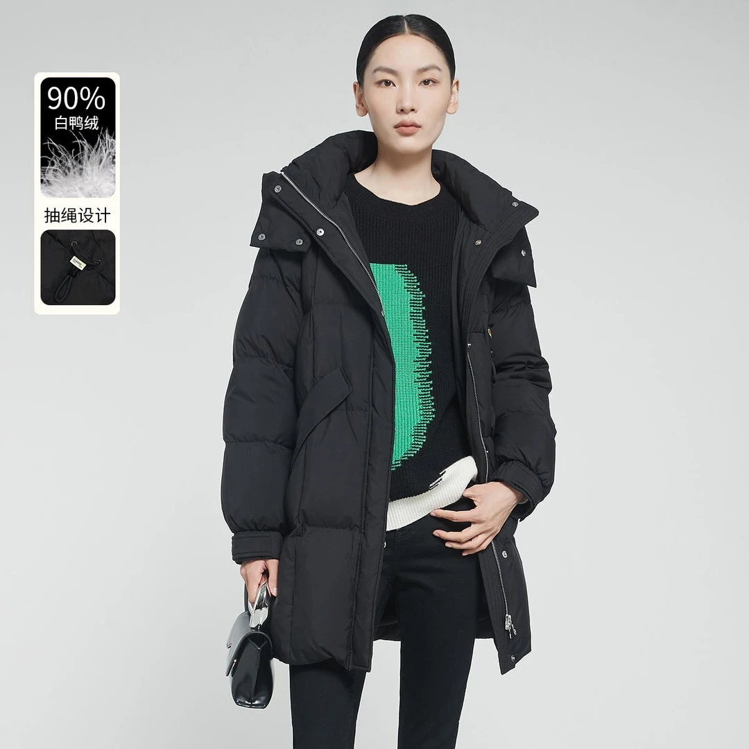 中长款羽绒服女装小个子2024冬季连帽外套过膝90白鸭绒上衣