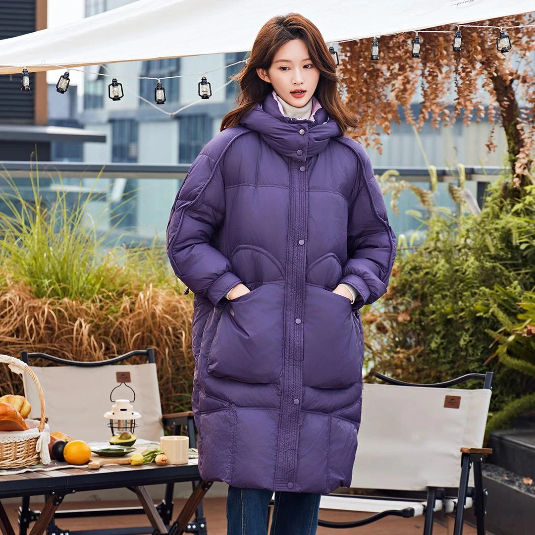 2024冬连帽中长款羽绒服女香芋紫鸭绒文艺小个子不臃肿外套