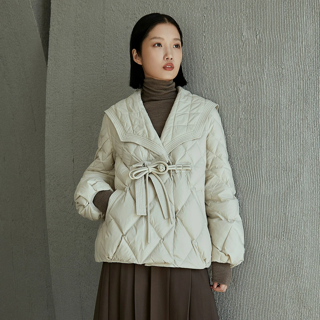 【商场同款】2024冬季新羽绒服保暖鸭绒系带蝴蝶结外套短款