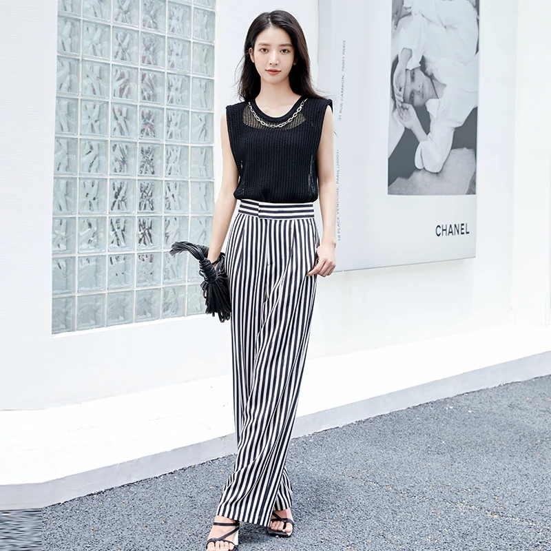【小花专属】季新款高腰显瘦垂感宽松长裤复古直筒裤黑白条纹女裤