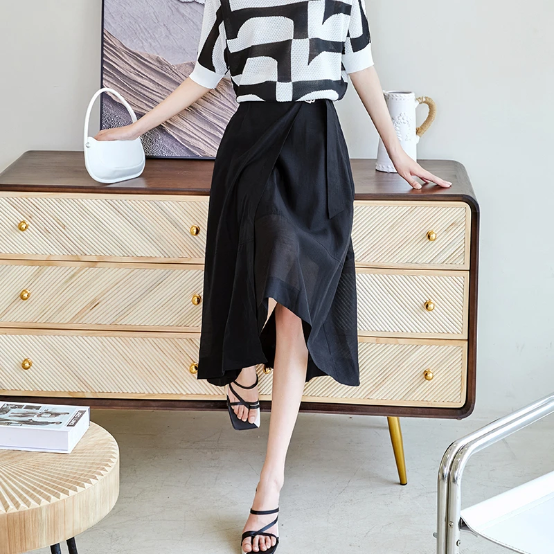 【达人专属】新款不规则裙摆黑色薄款高腰半身裙长裙