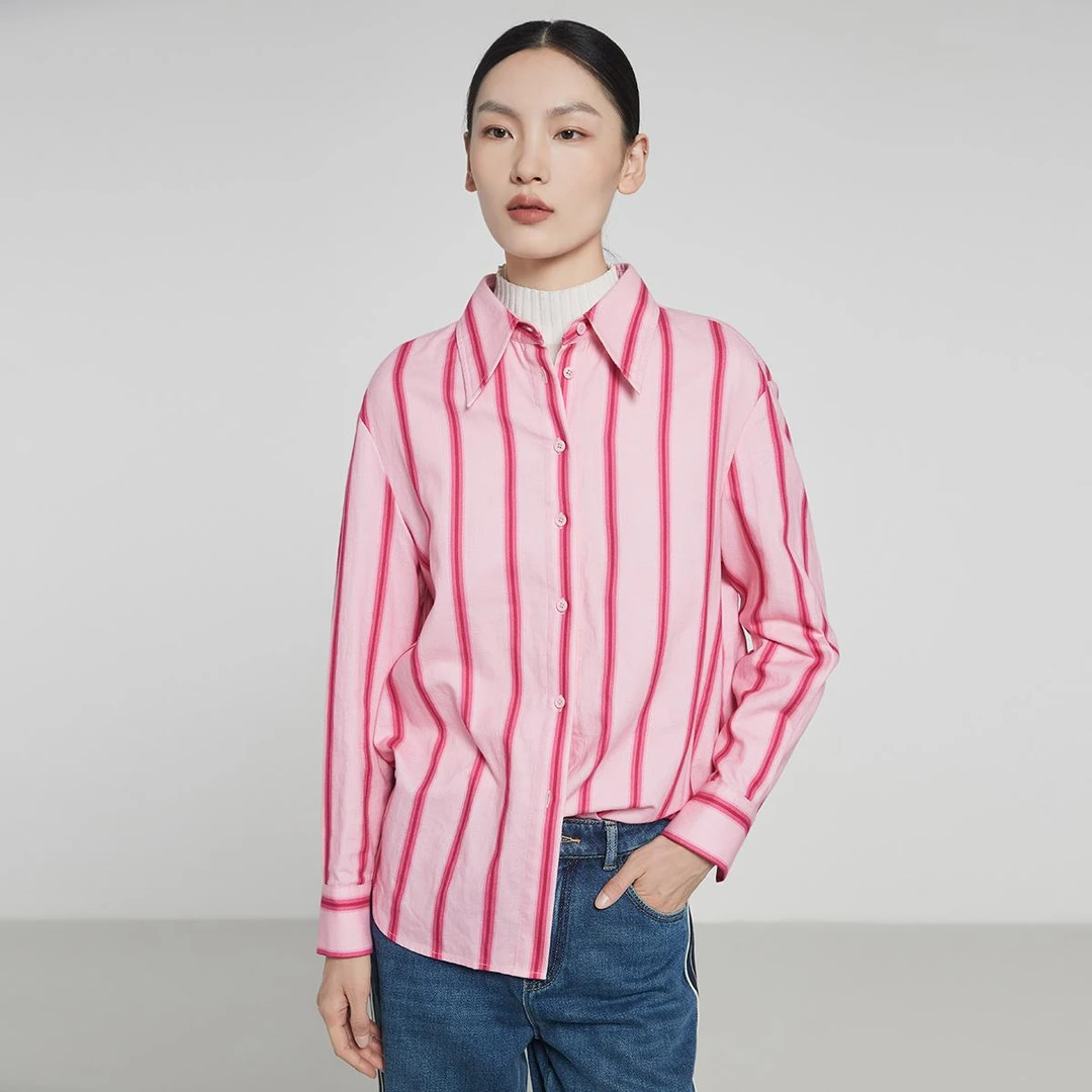 2024早秋新款红色条纹衬衫女装简约时尚小个子纯棉长袖衬衣
