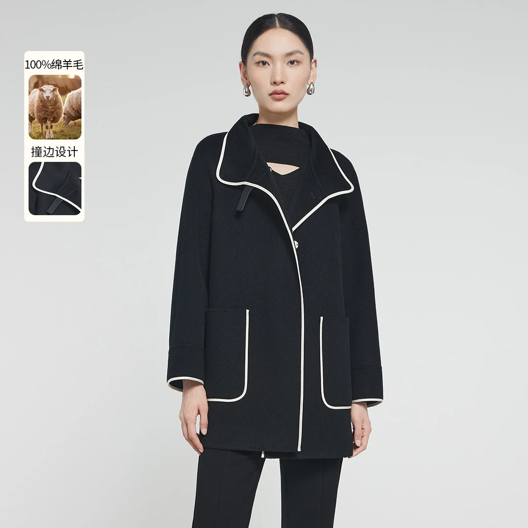 羊毛双面呢大衣2024冬季新款经典翻领时尚百搭中长款外套女