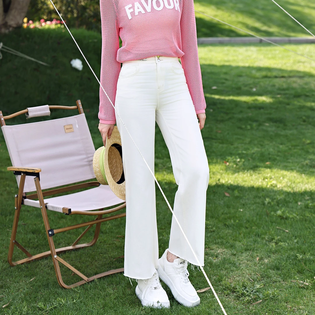 【达人专属】季新款白色高腰牛仔裤女直筒夏季薄款女裤