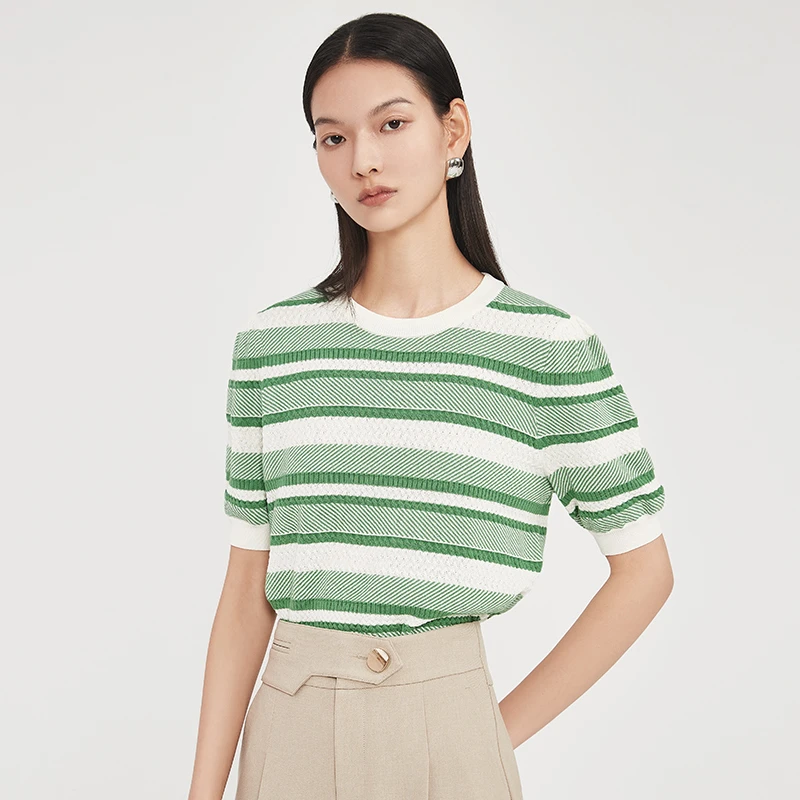2024春季新款高级感条纹短袖针织衫女上衣打底衫