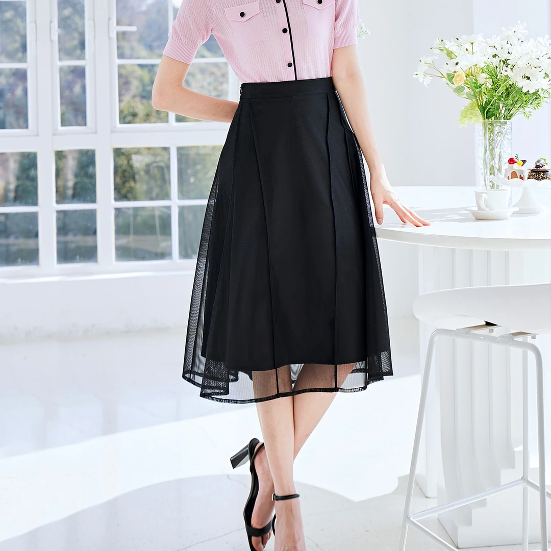 黑色通勤高腰a字半身裙女小个子夏季新款网纱女裙半裙I221793