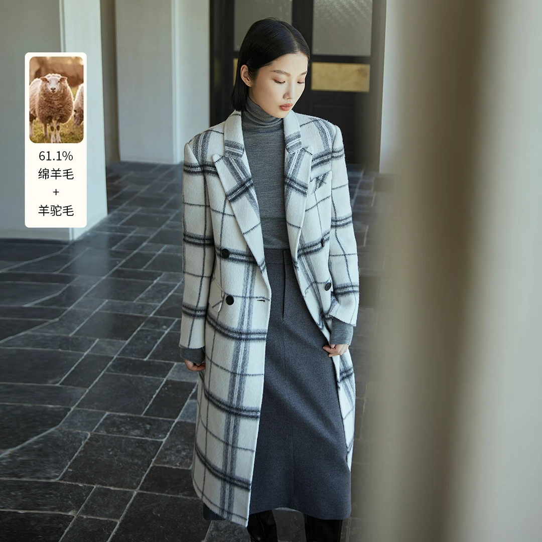 2024冬季新绵羊毛双面羊绒呢大衣格纹羊驼毛外套