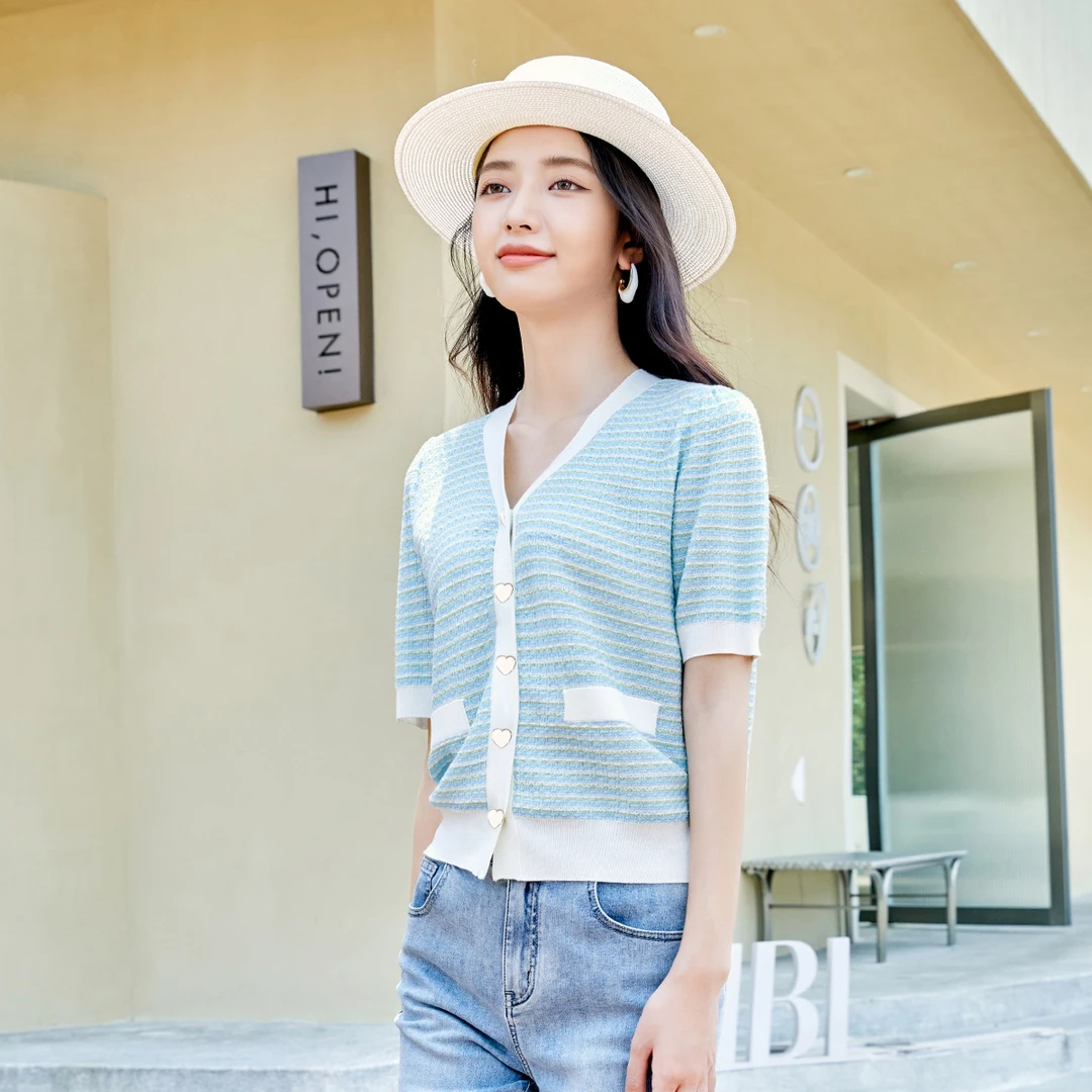 季宽松浅蓝色条纹短袖针织开衫女高级感薄款外套上衣I263105