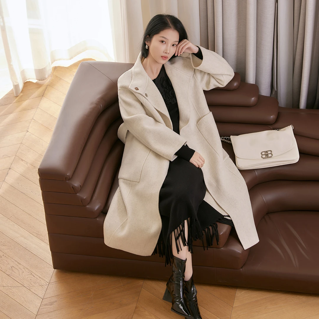 冬季双面呢羊毛大衣女长款高级感2024系带收腰直筒过膝外套