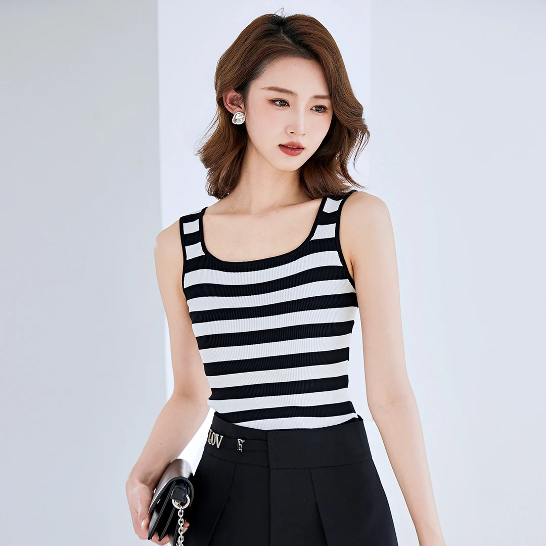 【达人专属】季新款外穿黑白条纹针织工字背心女内搭