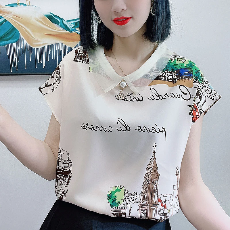 雪纺衬衫女短袖2024夏季新款洋气遮肚显瘦时尚气质显瘦小衫女上衣