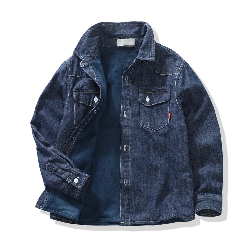 经典好货男童柔软加绒长袖牛仔衬衫~儿童宝宝保暖衬衣棉外贸童装