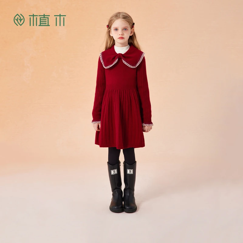 植木童装女童连衣裙2024新款秋冬款中大童毛衣裙红色年服儿童裙子