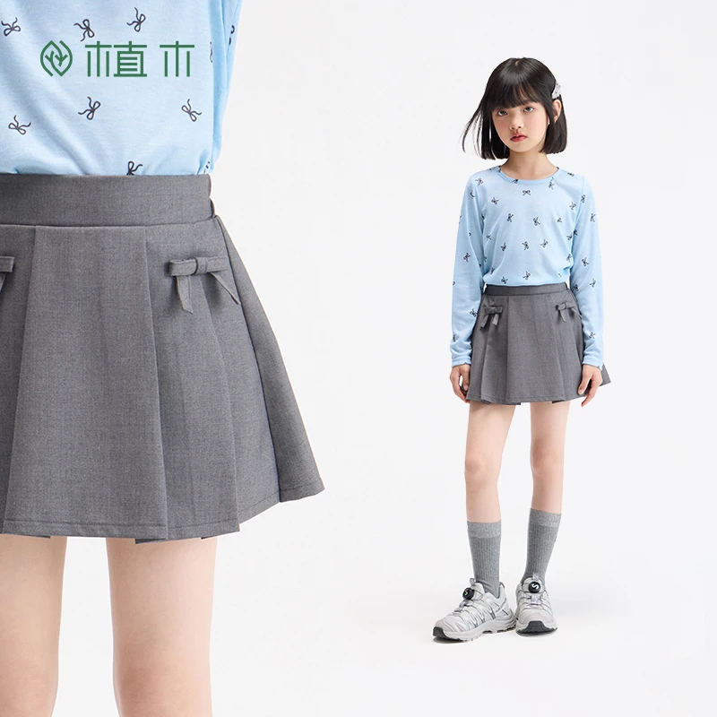【植木】童装女童中大童蝴蝶结百褶裙子后松紧腰A字半裙SNSG