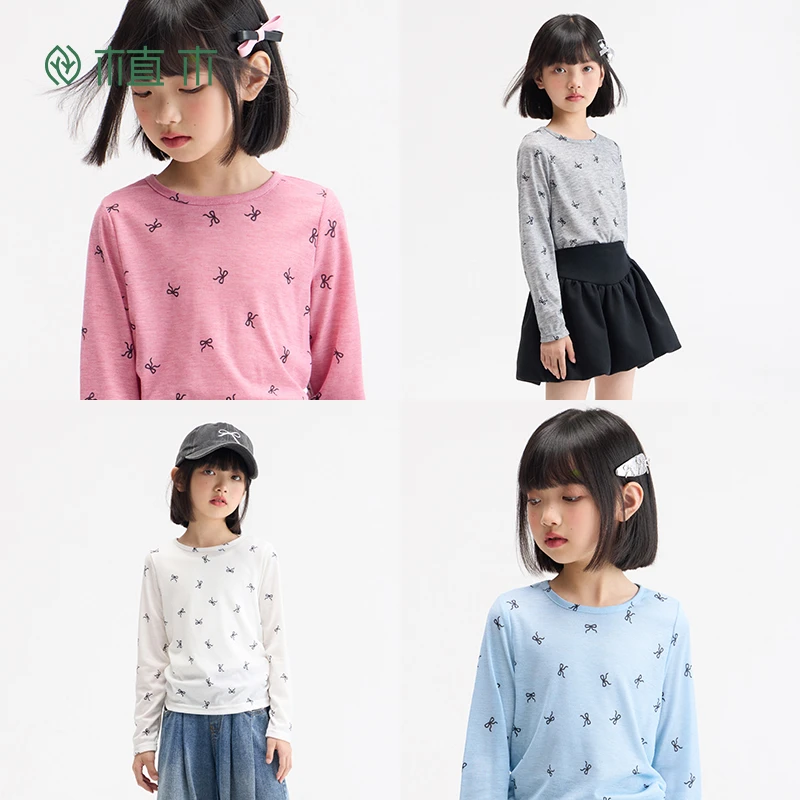 植木童装女童5A抑菌蝴蝶结印花侧边抽褶修身长袖T恤秋XDFQZ