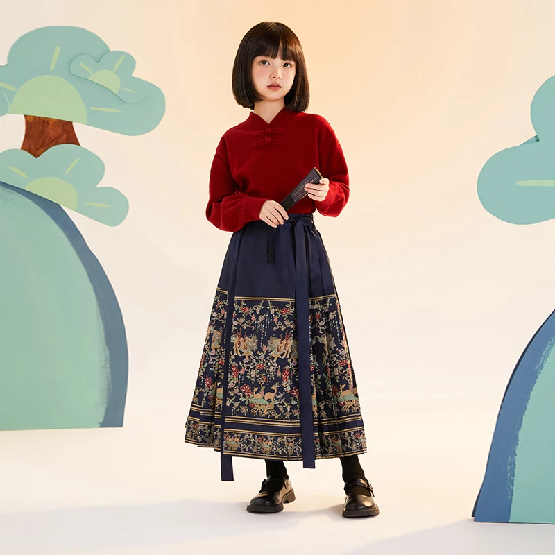 植木童装年服长款国风女童藏青色马面裙