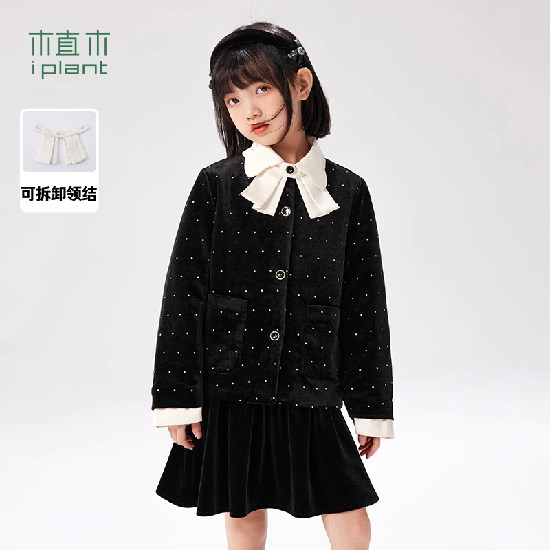 【上新价】植木童装娃娃领亮钻蝴蝶领结女童棉服2023冬装新款儿童