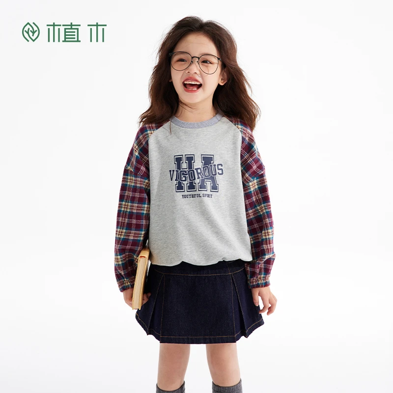 植木童装女童宽松复古格纹拼袖圆领套头卫衣中大童上衣2024秋新RC