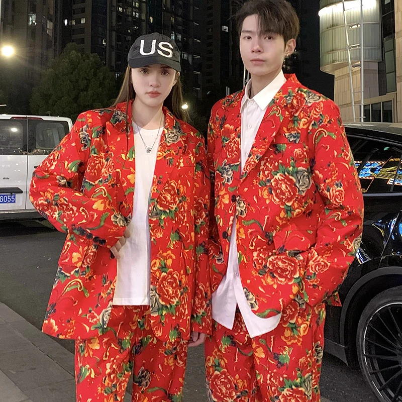 套装春秋情侣休闲大码西装男女东北大花新中式西服团队婚庆表演出
