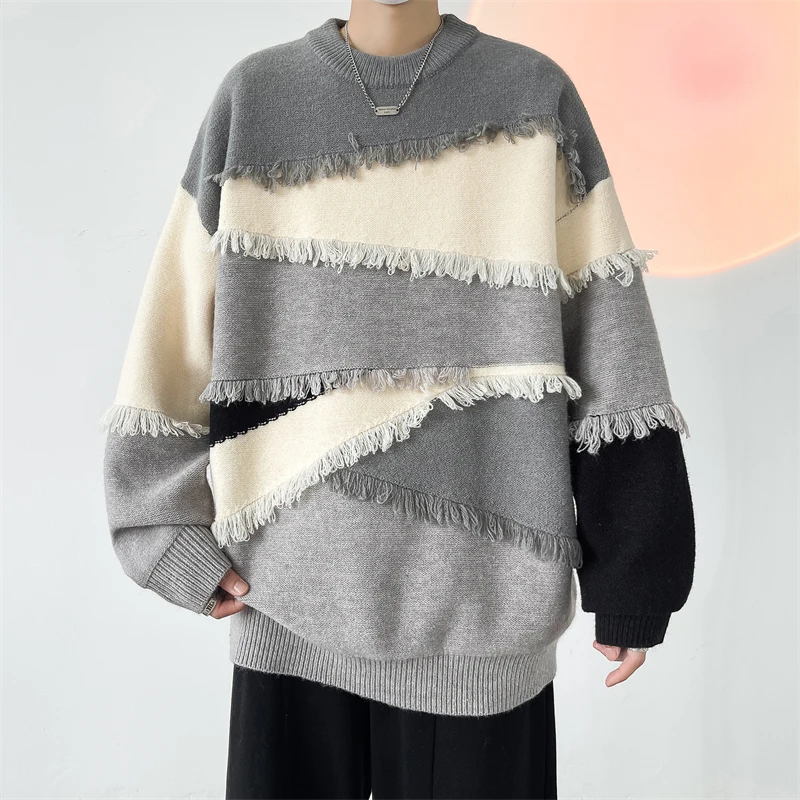 秋冬新款针织毛衣毛线男复古慵懒⻛宽松感拼色流苏毛衣男款冬季