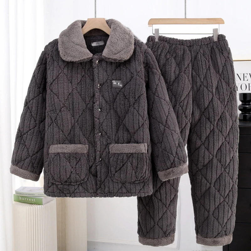 男士冬季睡衣加绒加厚款三层夹棉家居服套装中老年爸爸可外穿棉袄