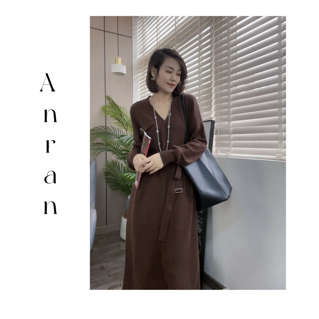 安然家 春季纯毛美拉德系直筒气质腰带款中长款显瘦连衣裙 793