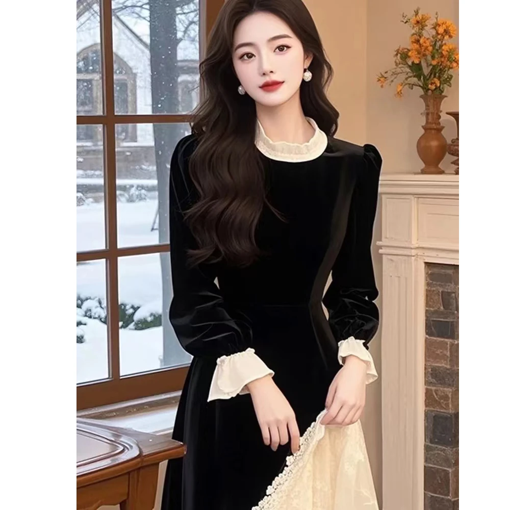 法式拼接连衣裙女2024秋冬新款高级感赫本风气质时尚长袖打底长裙