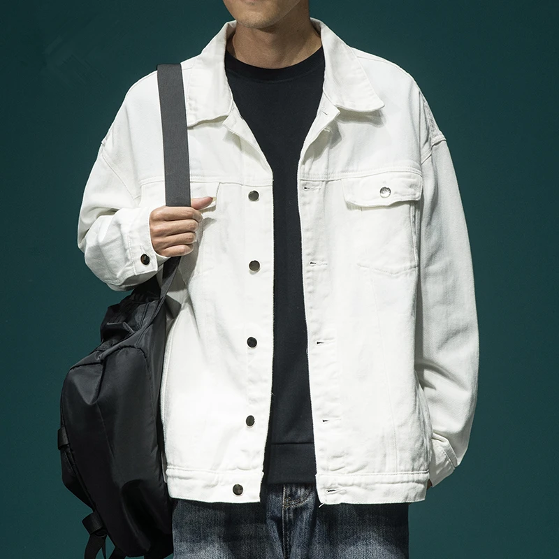 美式潮流白色牛仔夹克男宽松大码帅气工装上衣秋季男装潮牌外套男