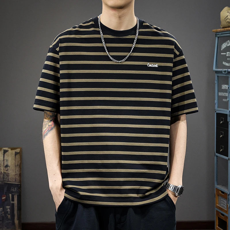 春夏重磅纯棉条纹短袖t恤男宽松美式休闲厚款男士体恤大码海魂衫