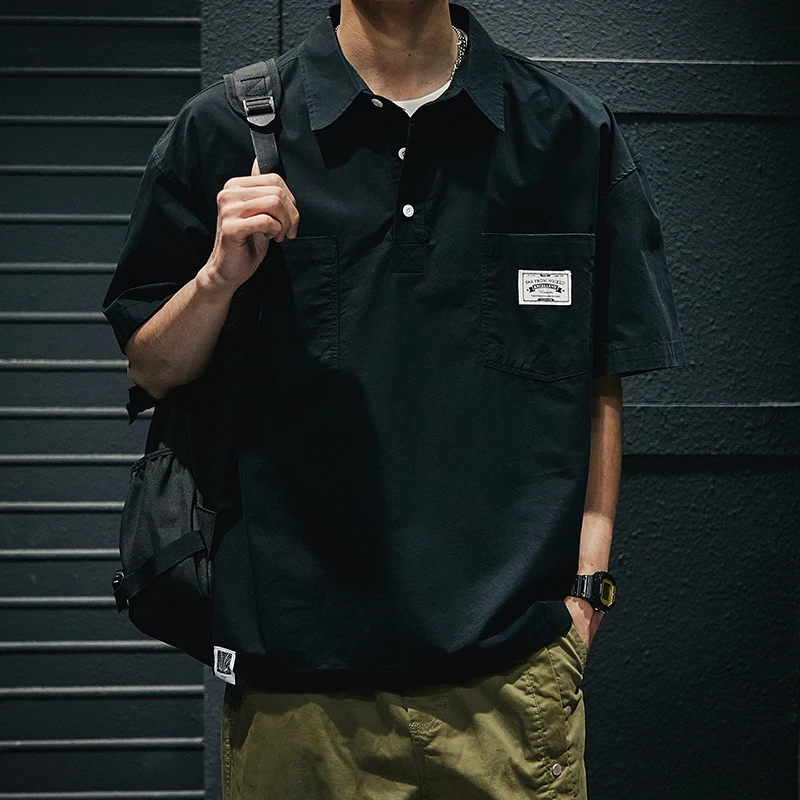 夏季工装短袖衬衫男日系潮牌纯棉宽松大码休闲polo衫黑色t恤衬衣