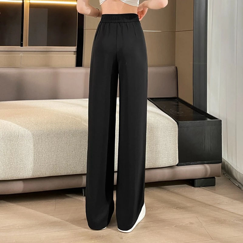 夏季冰丝直筒裤女垂感空调裤高腰显瘦i休闲裤百搭拼色腰拖地长裤