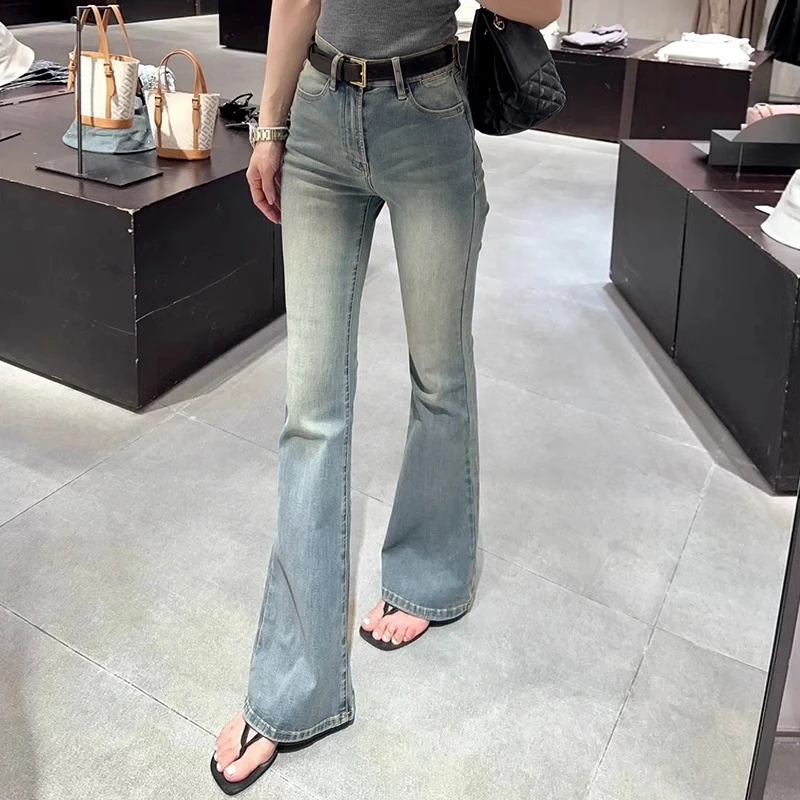 浅色时尚牛仔裤女2025春秋时尚叭高腰喇叭裤修身显瘦复古马蹄裤子