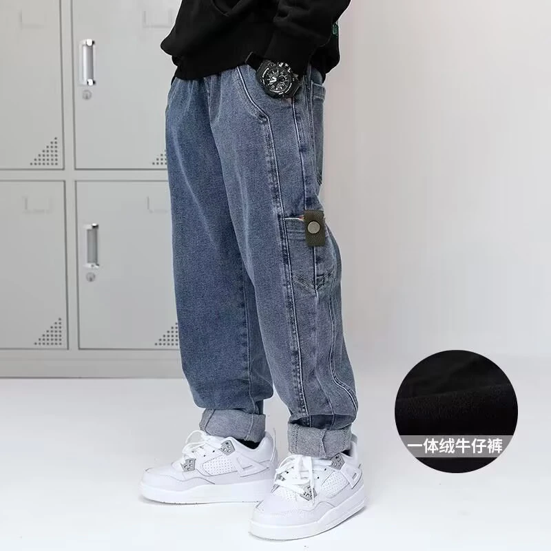 男童春秋儿童裤子儿童百搭宽松秋冬直筒牛仔裤中大童潮流时尚加绒