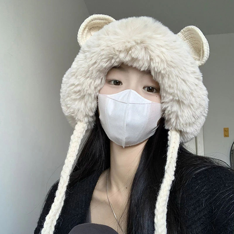 小耳朵韩版甜美可爱毛绒针织雷锋帽子女秋冬保暖护耳毛线双层冷帽