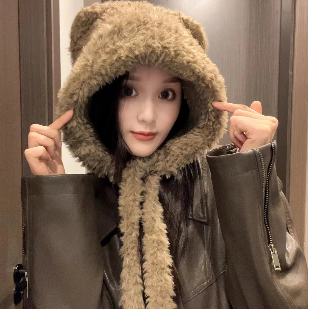 泰迪版绒绒耳朵帽子秋冬女可爱加厚百搭网红针织帽辫子保暖雷锋帽