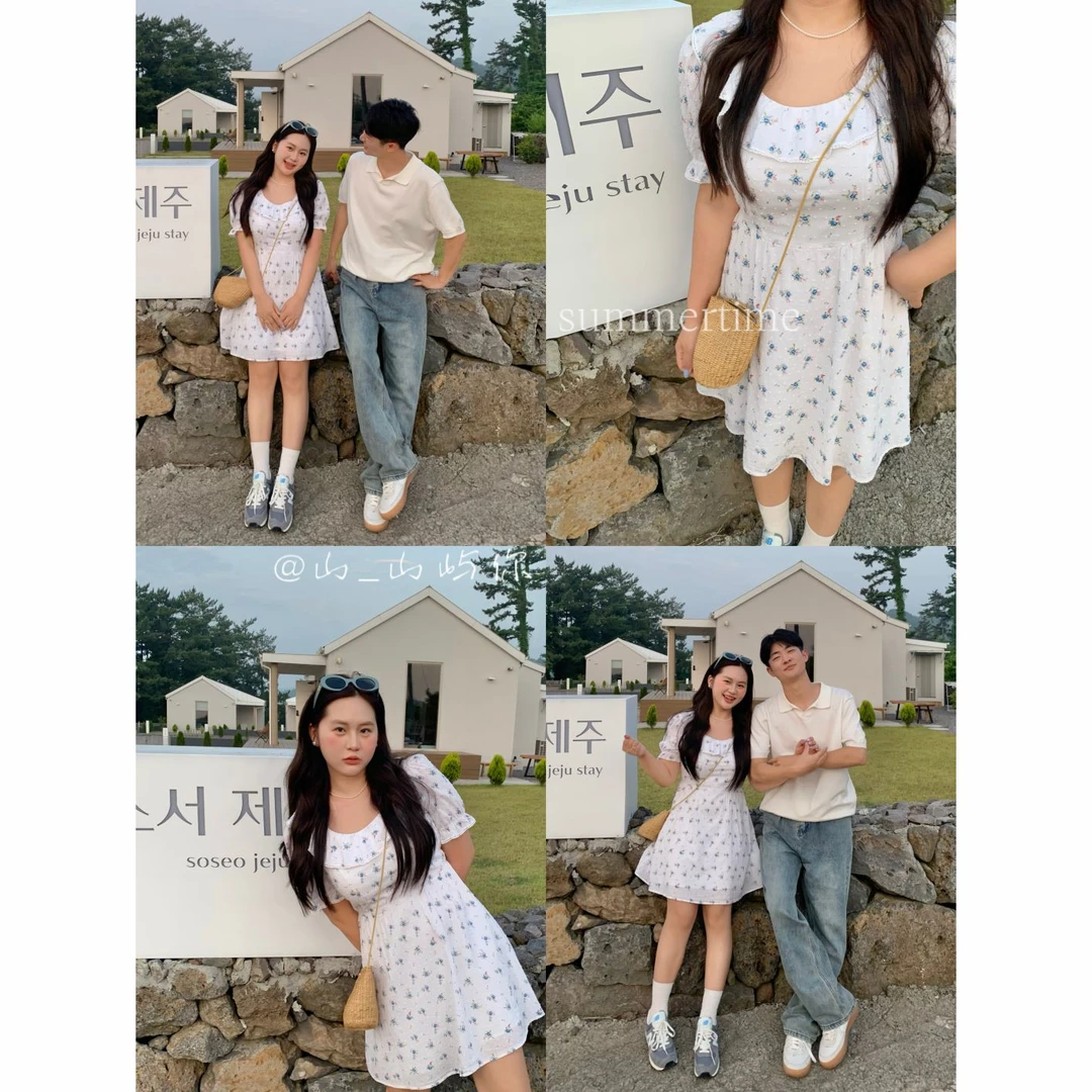 KMZY/KMZY山_山【人间夏日】微胖女装白色泡泡袖收腰显瘦碎花裙子女