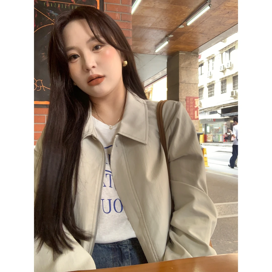 KMZY/KMZY山_山【海岛时光】微胖女装韩版显瘦翻领拉链短款夹克外套