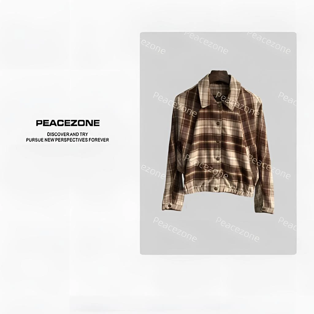 Peacezone【卡其格】100棉 秋冬新款经典复古格子外套 X72183