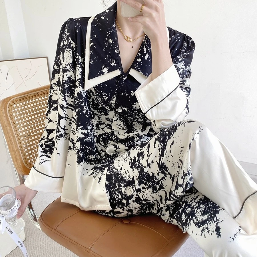 睡衣女2023年新款春秋水墨画法式复古印花冰雪软丝套装家居服时尚