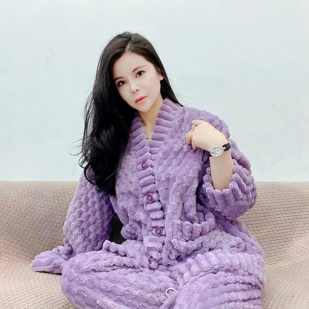 2025冬季新款睡衣女加绒加厚韩版宽松大码家居服套装简约可外穿