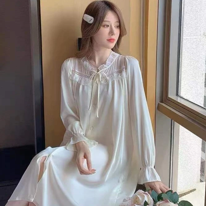 睡衣女2023新款甜美轻奢蕾丝性感公主风睡裙长袖家居服纯色宫廷风