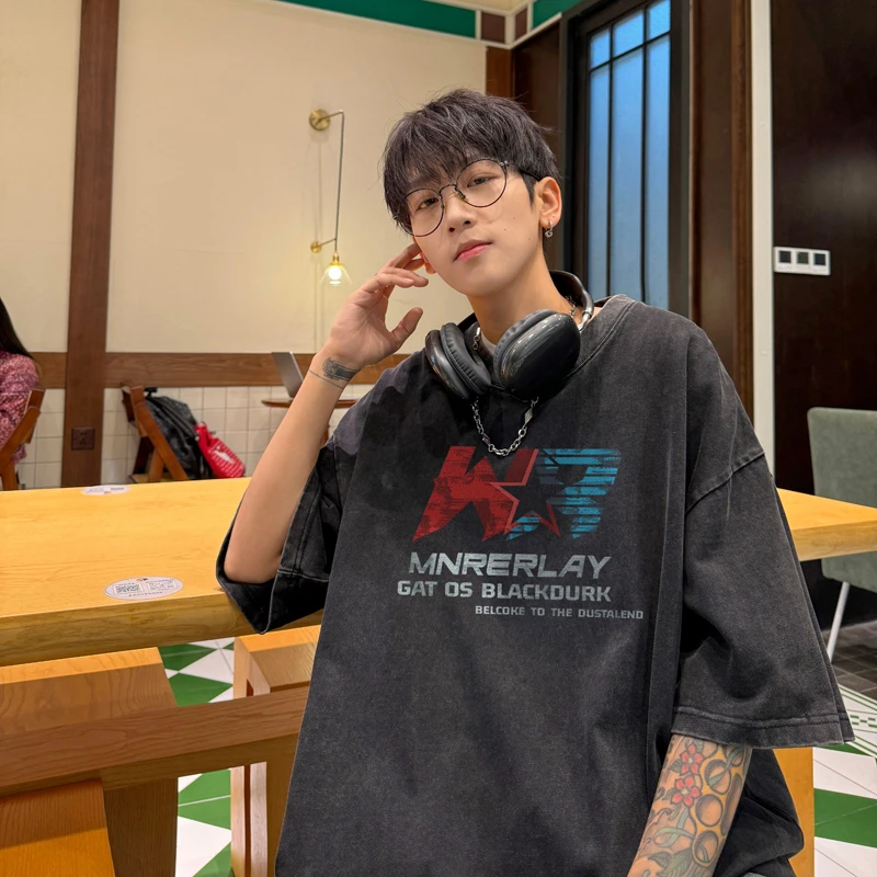 美式高街水洗做旧短袖男款夏季宽松百搭休闲运动复古潮流体恤上衣