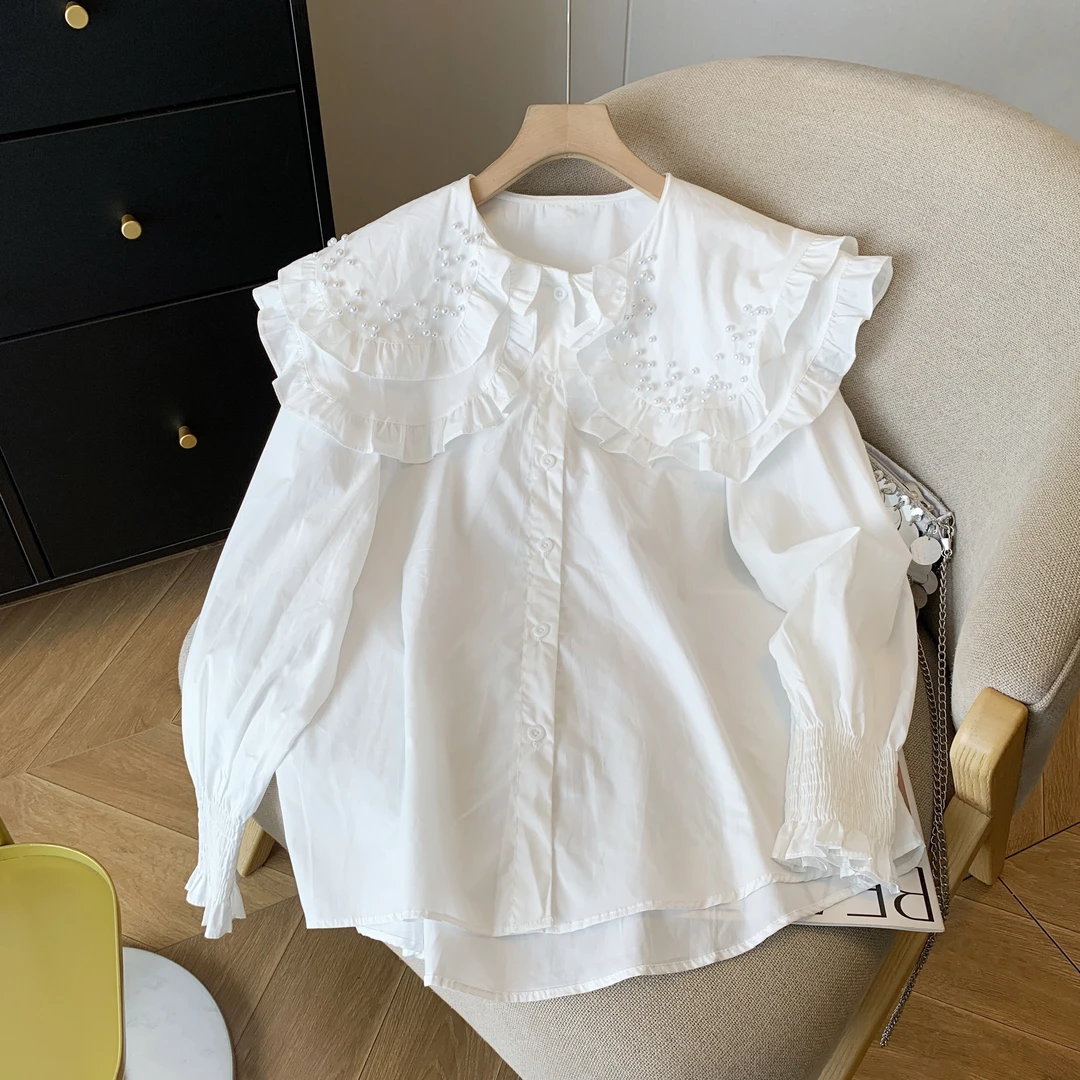 重工钉珠双层娃娃领宽松显瘦2024秋季新款长袖设计感小众洋气衬衫