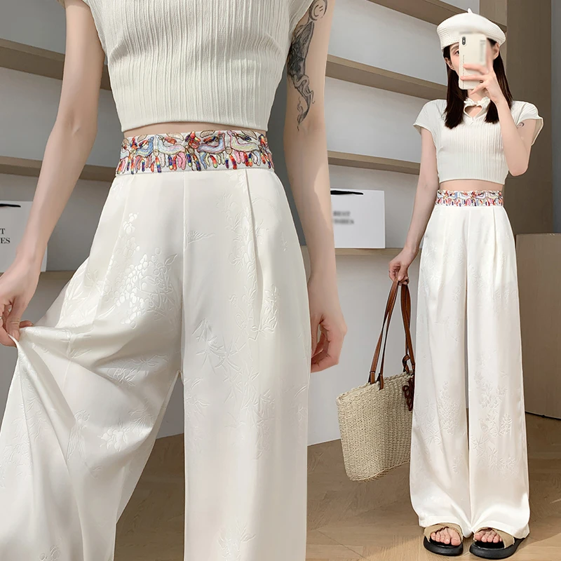 设计感新中式刺绣国风缎面提花阔腿裤2024夏款高腰显瘦休闲拖地裤