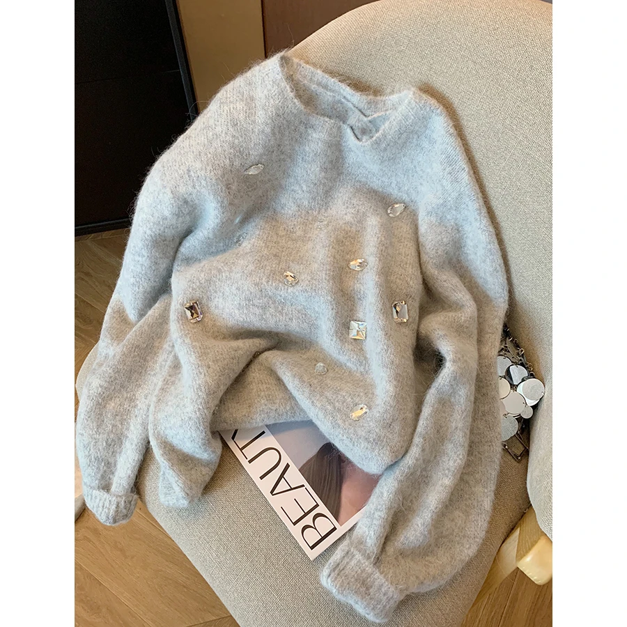 慵懒风灰色镶钻2024新款秋季宽松显瘦软糯小众百搭套头针织毛衣女