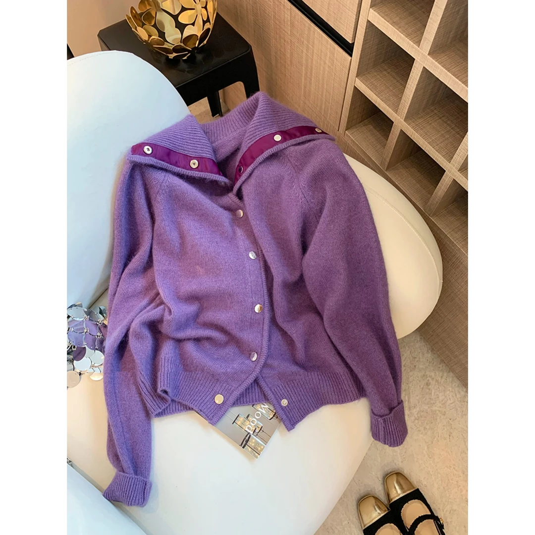 慵懒风紫色翻领2024秋冬新款时尚洋气减龄软糯别致显瘦百搭毛衣女
