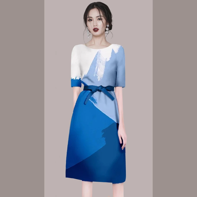 高级感气质蓝色印花系带职业连衣裙女2025新款夏季高级感中长裙潮